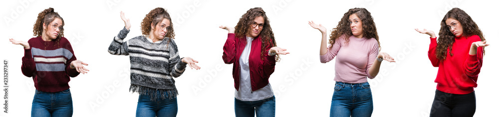 Collage of young brunette curly hair girl over isolated background clueless and confused expression with arms and hands raised. Doubt concept. Collage of young brunette curly hair girl over isolated background clueless and confused expression with arms and hands raised. Doubt concept.