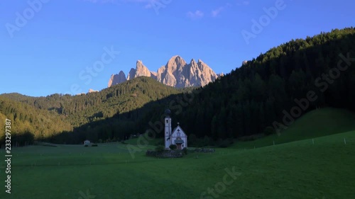 Aerial view St Johann chapel Alto Adige Dolomites Italy reveal photo