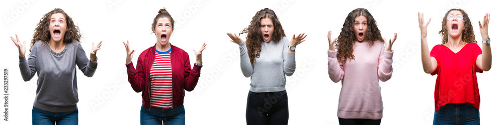 Collage of young brunette curly hair girl over isolated background celebrating mad and crazy for success with arms raised and closed eyes screaming excited. Winner concept