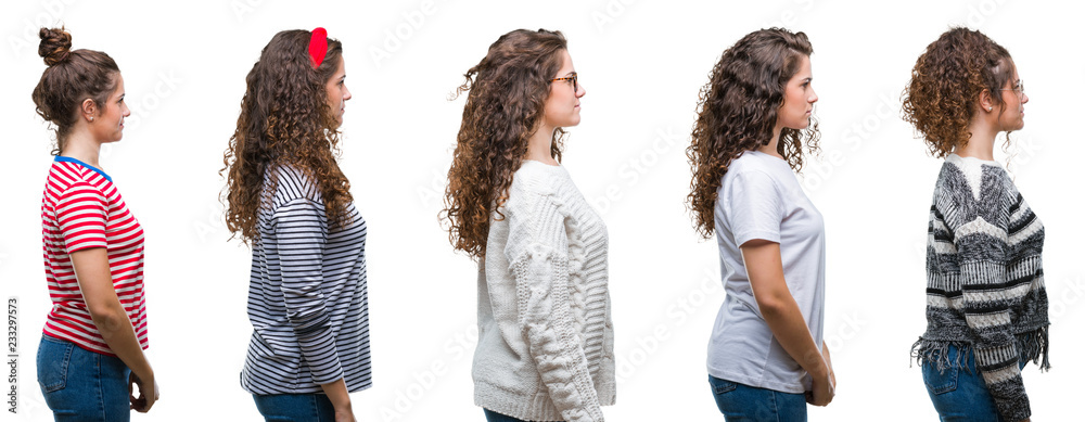 Fototapeta premium Collage of young brunette curly hair girl over isolated background looking to side, relax profile pose with natural face with confident smile.