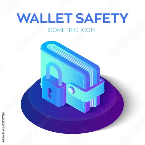 Wallet with padlock Icon. 3D Isometric Protect Wallet Icon. Private secure. Protect Savings, Safety, Economy Concept. Financial security in cashless and cash settlements. Vector Illustration.
