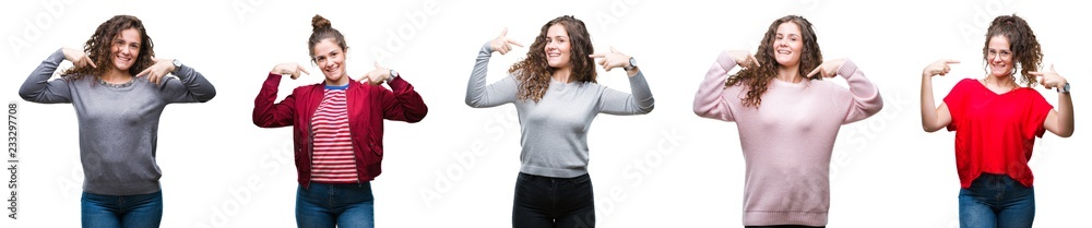 Collage of young brunette curly hair girl over isolated background looking confident with smile on face, pointing oneself with fingers proud and happy.