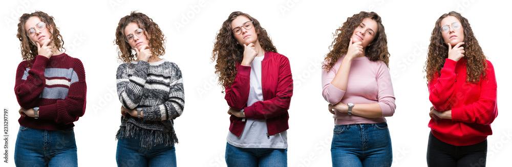 Collage of young brunette curly hair girl over isolated background looking confident at the camera with smile with crossed arms and hand raised on chin. Thinking positive. Collage of young brunette curly hair girl over isolated background looking confident at the camera with smile with crossed arms and hand raised on chin. Thinking positive.