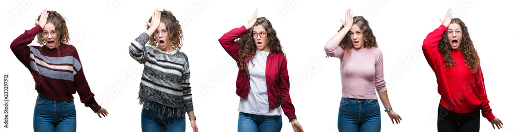 Collage of young brunette curly hair girl over isolated background surprised with hand on head for mistake, remember error. Forgot, bad memory concept.