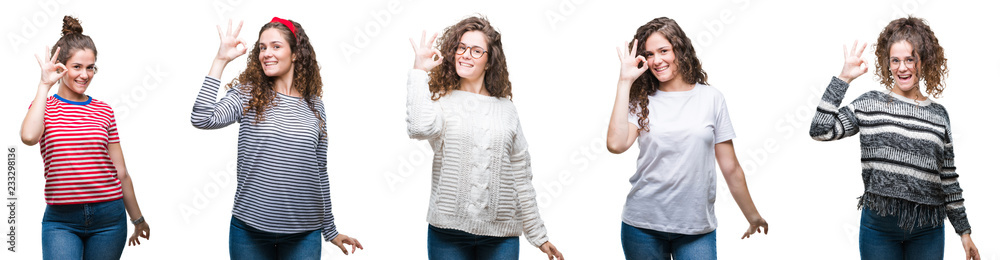 Collage of young brunette curly hair girl over isolated background smiling positive doing ok sign with hand and fingers. Successful expression. Collage of young brunette curly hair girl over isolated background smiling positive doing ok sign with hand and fingers. Successful expression.