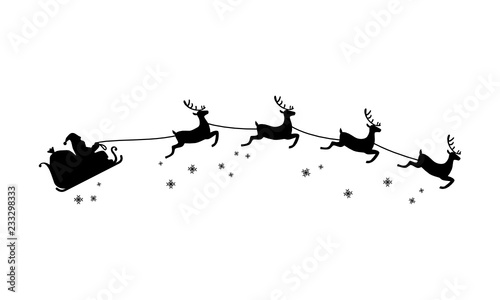 Print op canvas Santa Claus ride on sleigh drawn by flying reindeer silhouette Christmas illustr
