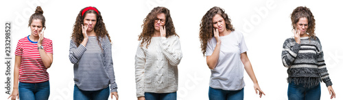 Collage of young brunette curly hair girl over isolated background touching mouth with hand with painful expression because of toothache or dental illness on teeth. Dentist concept.