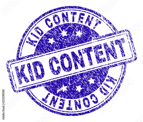 KID CONTENT stamp seal imprint with distress texture. Designed with rounded rectangles and circles. Blue vector rubber print of KID CONTENT title with retro texture.