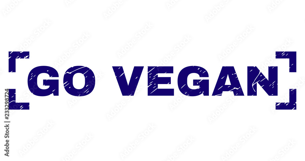 GO VEGAN tag seal print with grunge texture. Text label is placed between corners. Blue vector rubber print of GO VEGAN with corroded texture.