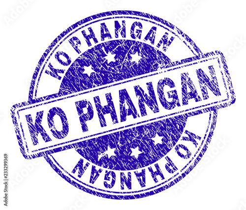 KO PHANGAN stamp seal imprint with grunge effect. Designed with rounded rectangles and circles. Blue vector rubber print of KO PHANGAN text with grunge texture.