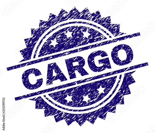 CARGO stamp seal watermark with distress style. Blue vector rubber print of CARGO title with unclean texture.