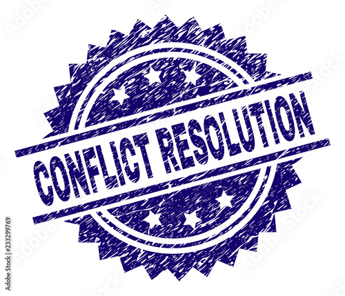 CONFLICT RESOLUTION stamp seal watermark with distress style. Blue vector rubber print of CONFLICT RESOLUTION text with unclean texture.