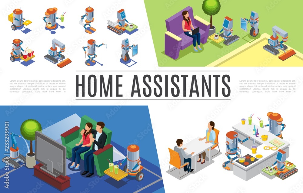 Fototapeta premium Isometric Robotic Home Assistants Collection
