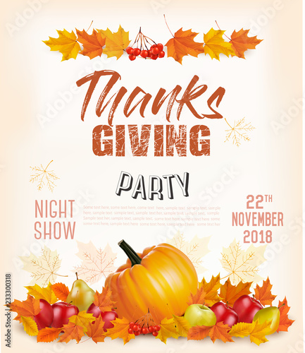 Happy Thanksgiving Flyer with colorful leaves and autumn vegetables Vector.
