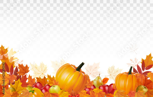 Happy Thanksgiving Background with colorful leaves and autumn vegetables Vector.