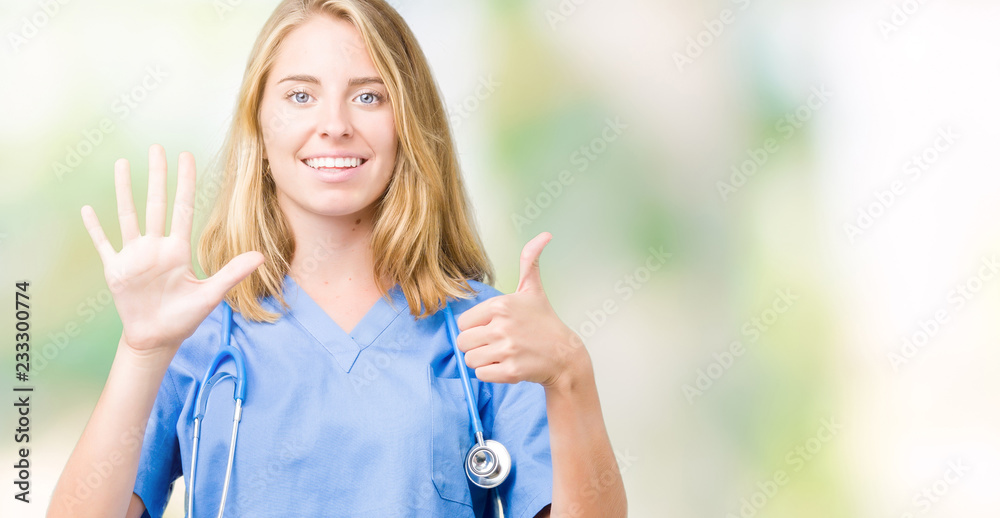 Beautiful young doctor woman wearing medical uniform over isolated background showing and pointing up with fingers number six while smiling confident and happy. Beautiful young doctor woman wearing medical uniform over isolated background showing and pointing up with fingers number six while smiling confident and happy.
