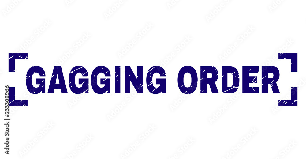 GAGGING ORDER caption seal print with grunge effect. Text caption is placed between corners. Blue vector rubber print of GAGGING ORDER with dirty texture.