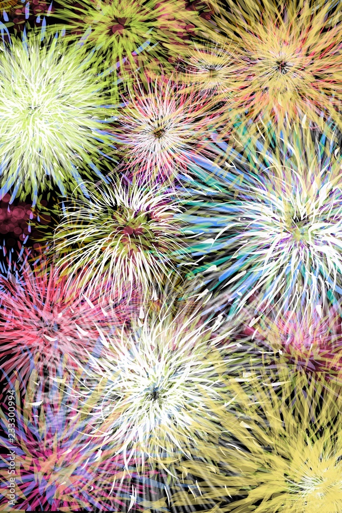 Fototapeta premium Fireworks, New Years Eve, celebration sky show bursts or creative color with space for text, unique vertical background