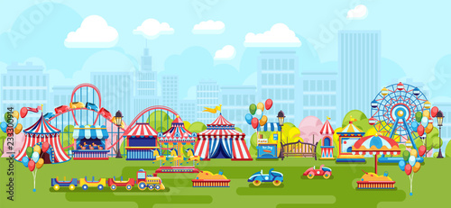Colorful vector panorama of city park with festive fair and merry-go-rounds on urban background