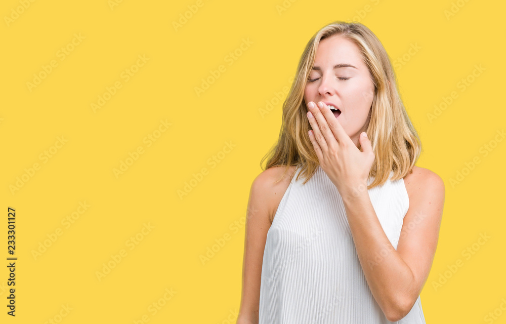 Beautiful young elegant woman over isolated background bored yawning tired covering mouth with hand. Restless and sleepiness. Beautiful young elegant woman over isolated background bored yawning tired covering mouth with hand. Restless and sleepiness.