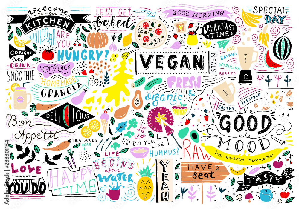 Kitchen doodle pattern, cafe template design. Sketchy food, kitchen wall art. Restaurant wall doodle.