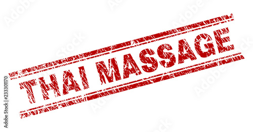 THAI MASSAGE seal watermark with corroded texture. Red vector rubber print of THAI MASSAGE tag with corroded texture. Text tag is placed between double parallel lines.