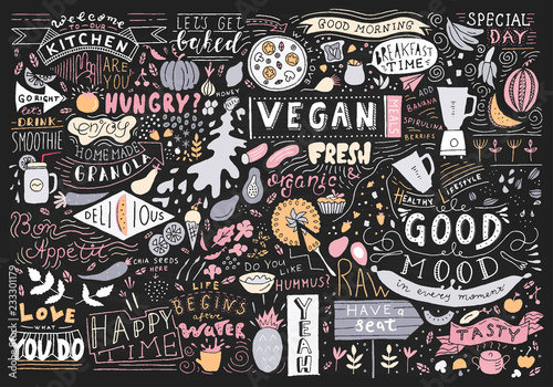 Kitchen Wall Art. Vegan restaurant, cafe, home decor. Menu Elements, food doodle, lettering.