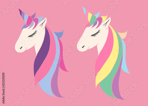 set of vector pink unicorns beautiful for girls  festive purple  for birthday. head of a unicorn with a horn and mane