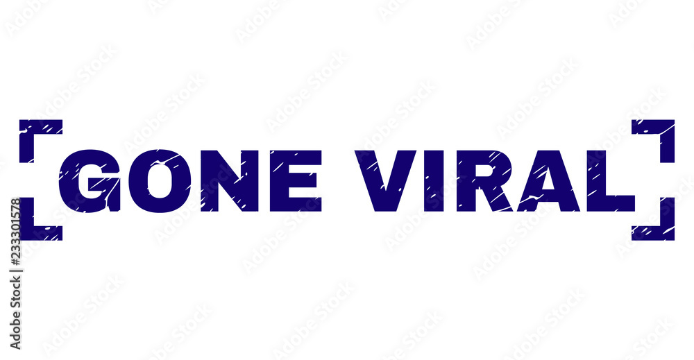 GONE VIRAL tag seal print with corroded texture. Text tag is placed inside corners. Blue vector rubber print of GONE VIRAL with dirty texture.
