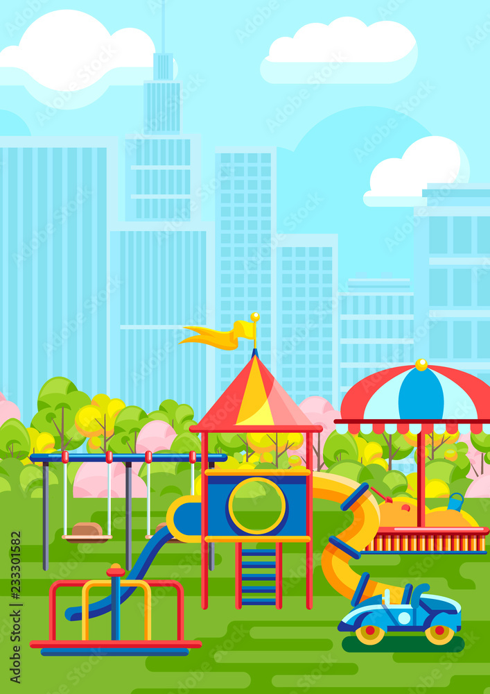 Colorful playground with child playing constructions on urban background