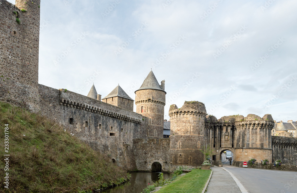 Walls of the fortified city of Fougeres, Brittany region, France.