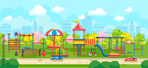 Vector design with playground in green park on urban background