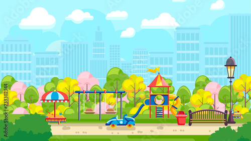Fototapeta Naklejka Na Ścianę i Meble -  Colorful vector illustration of city playground with urban background