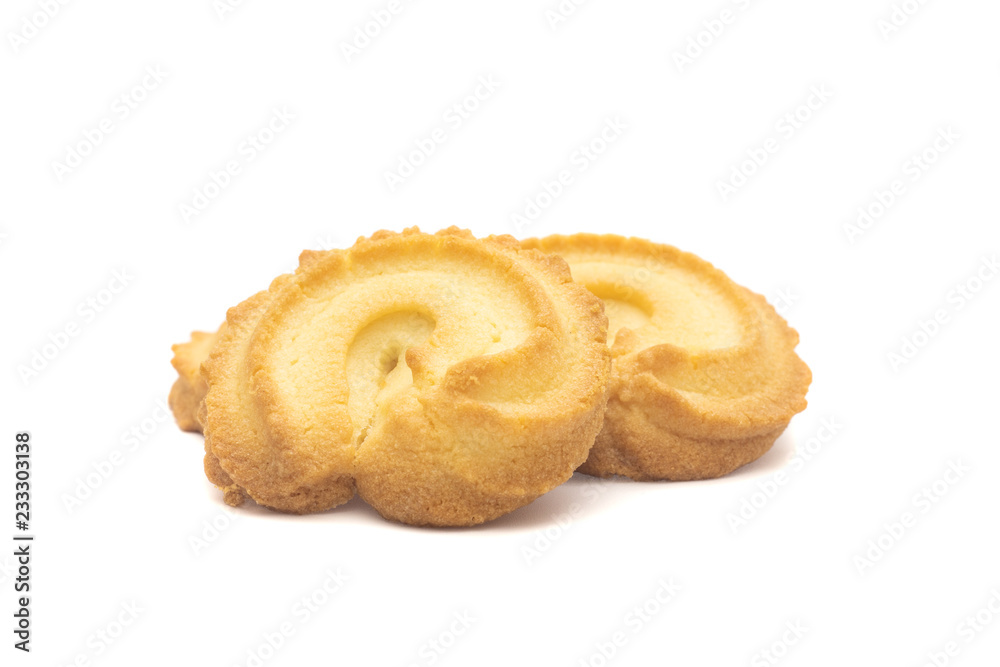 one side of two butter cookies on white background one side of two butter cookies on white background