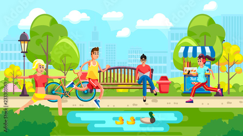 Colorful Vector Of People In City Park With Pond Doing Sports In Leisure