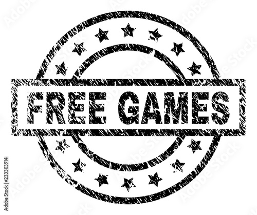 FREE GAMES stamp seal watermark with distress style. Designed with rectangle, circles and stars. Black vector rubber print of FREE GAMES title with unclean texture.