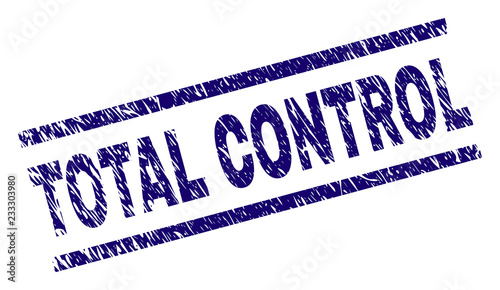 TOTAL CONTROL seal print with distress style. Blue vector rubber print of TOTAL CONTROL text with unclean texture. Text tag is placed between parallel lines.