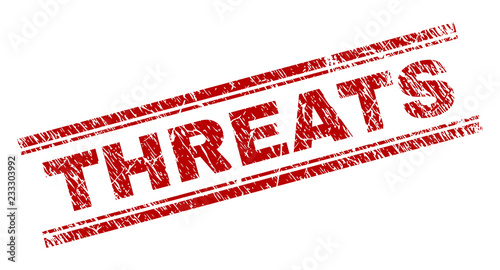THREATS seal watermark with distress texture. Red vector rubber print of THREATS text with unclean texture. Text caption is placed between double parallel lines.