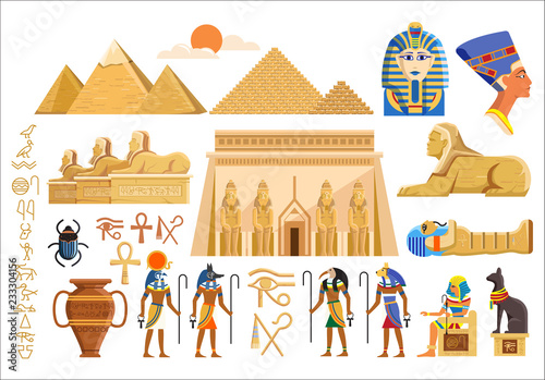 Vector set of various cultural symbols of Egyptian architecture and signs on white background