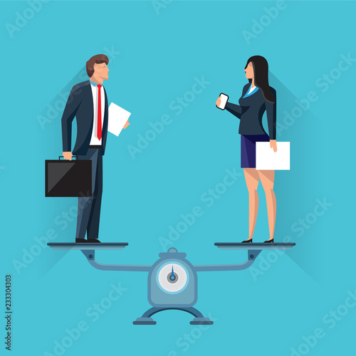 Colorful vector of modern man and woman in formal clothes standing on scales in balance