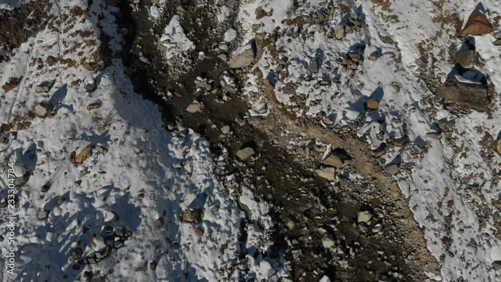 Aerial view of the birth of a mountain river in a mountain gorge. River. Winter view of a mountain river in the mountains. View from above Aerial view of the birth of a mountain river in a mountain gorge. River. Winter view of a mountain river in the mountains. View from above