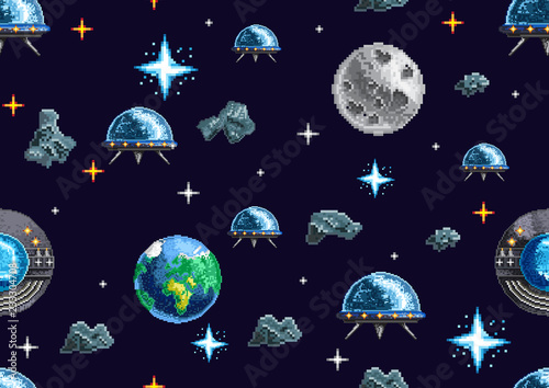 Seamless background in pixel design with spacecraft and stars on dark blue background 