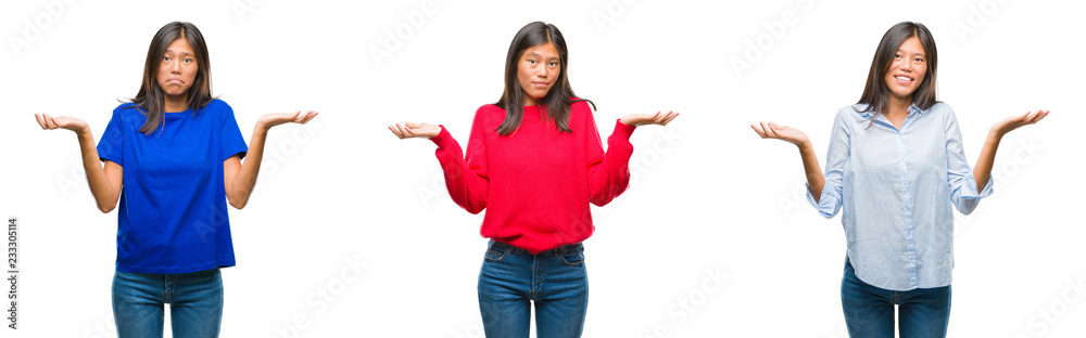 Collage of asian young woman standing over white isolated background clueless and confused expression with arms and hands raised. Doubt concept. Collage of asian young woman standing over white isolated background clueless and confused expression with arms and hands raised. Doubt concept.