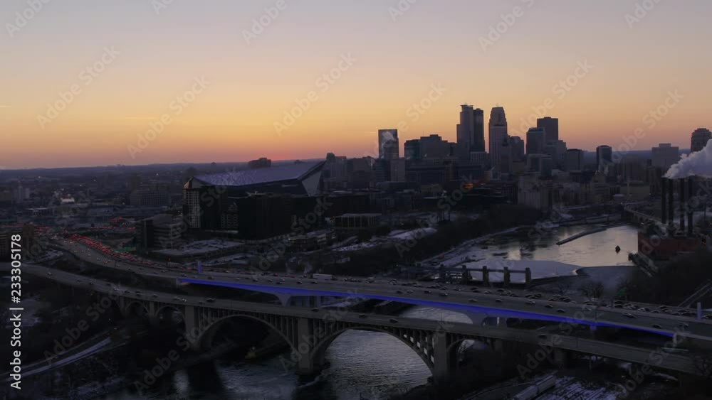 Minneapolis - Sunset over I35 Bridge - Aerial Minneapolis - Sunset over I35 Bridge - Aerial