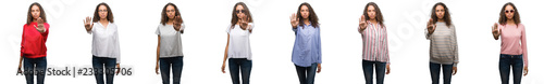 Composition of young brazilian woman isolated over white background doing stop sing with palm of the hand. Warning expression with negative and serious gesture on the face.