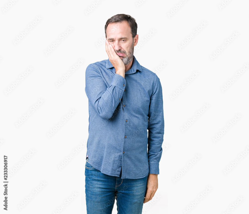 Fototapeta premium Handsome middle age elegant senior man over isolated background thinking looking tired and bored with depression problems with crossed arms.