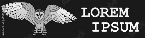 Logo with owl. Hand-drawn banner. Ink art illustration on black background.