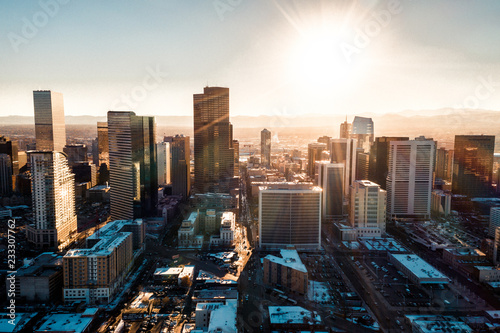Aerial drone photo - City of Denver Colorado at sunset