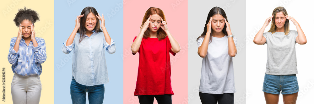 Collage of hispanic, african american, asian, indian women over vintage color background with hand on head for pain in head because stress. Suffering migraine. Collage of hispanic, african american, asian, indian women over vintage color background with hand on head for pain in head because stress. Suffering migraine.