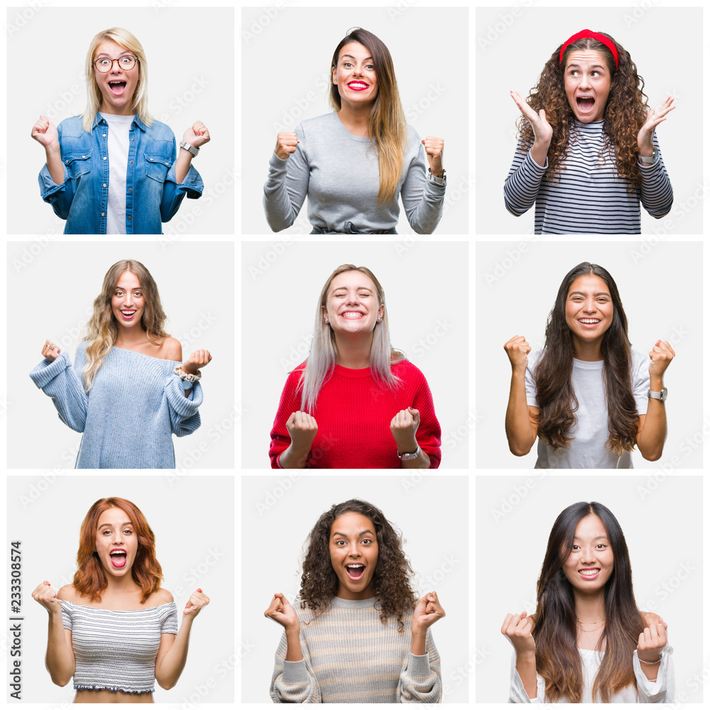 Collage of young beautiful women over isolated background celebrating surprised and amazed for success with arms raised and open eyes. Winner concept. Collage of young beautiful women over isolated background celebrating surprised and amazed for success with arms raised and open eyes. Winner concept.